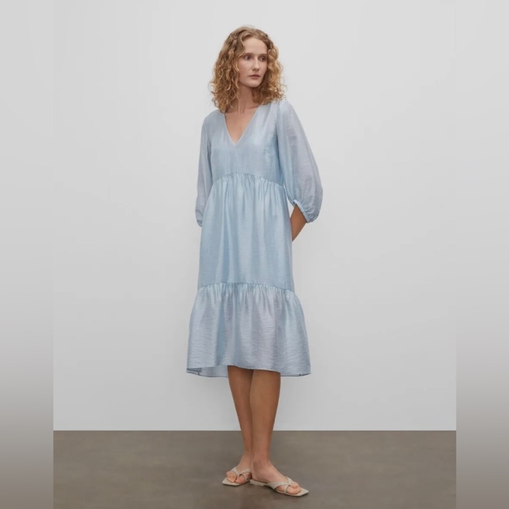 Club Monaco Light Blue V-Neck Tiered Midi Dress